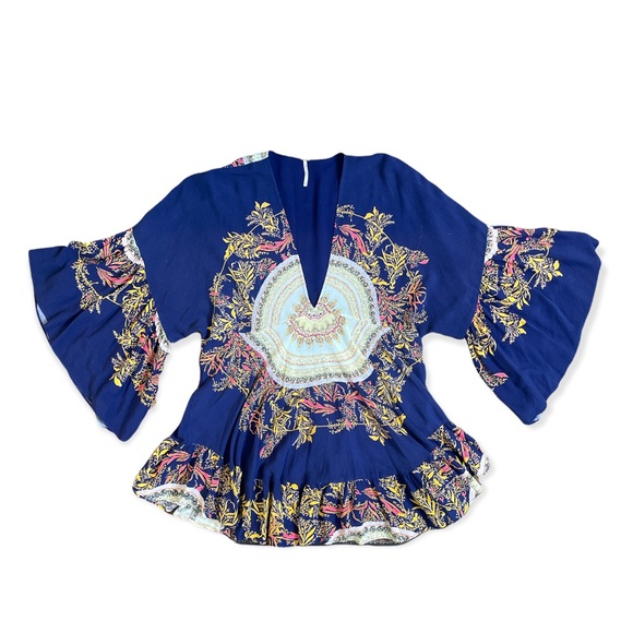 FREE PEOPLE SUNSET DREAMS TUNIC BELL SLEEVE BLOUSE IN BLUE - Picture 10 of 16